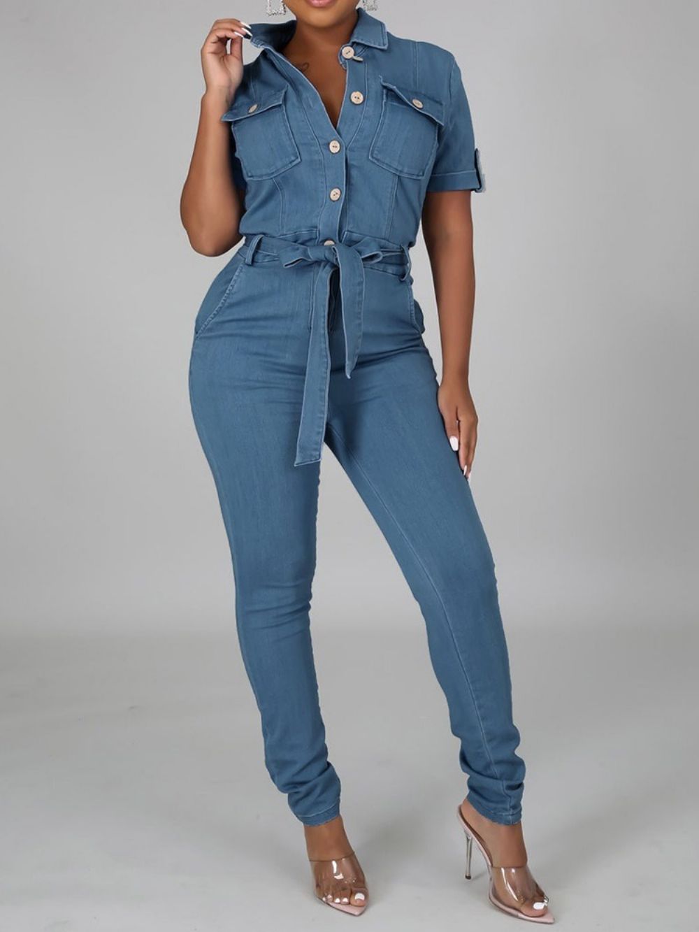 Lange Skinny Jumpsuit Met Zoete Knoop En Halfhoge Taille