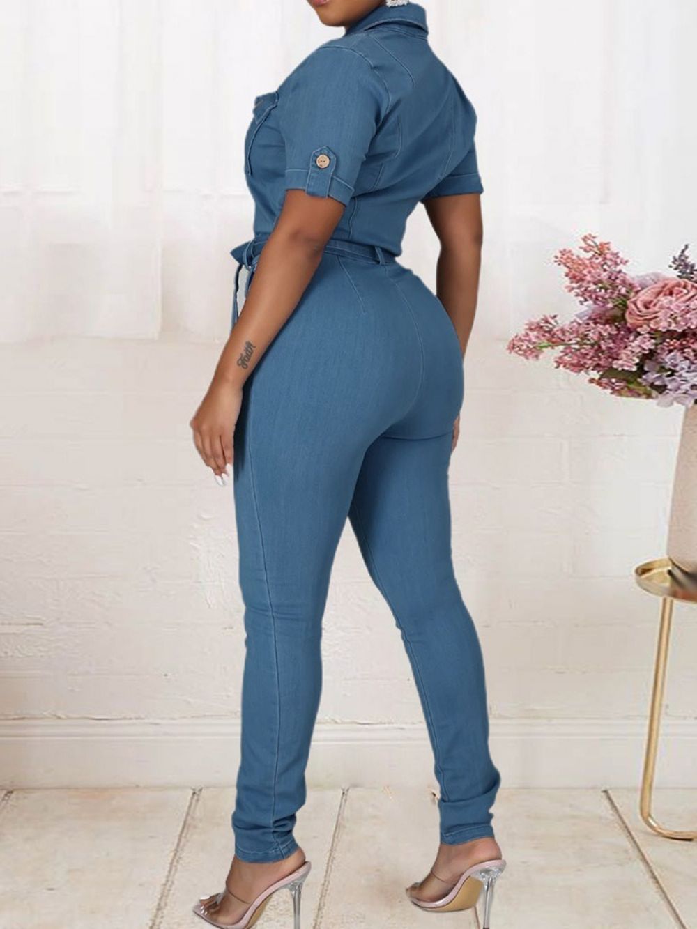 Lange Skinny Jumpsuit Met Zoete Knoop En Halfhoge Taille