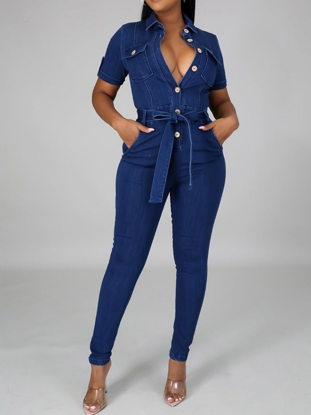 Lange Skinny Jumpsuit Met Zoete Knoop En Halfhoge Taille