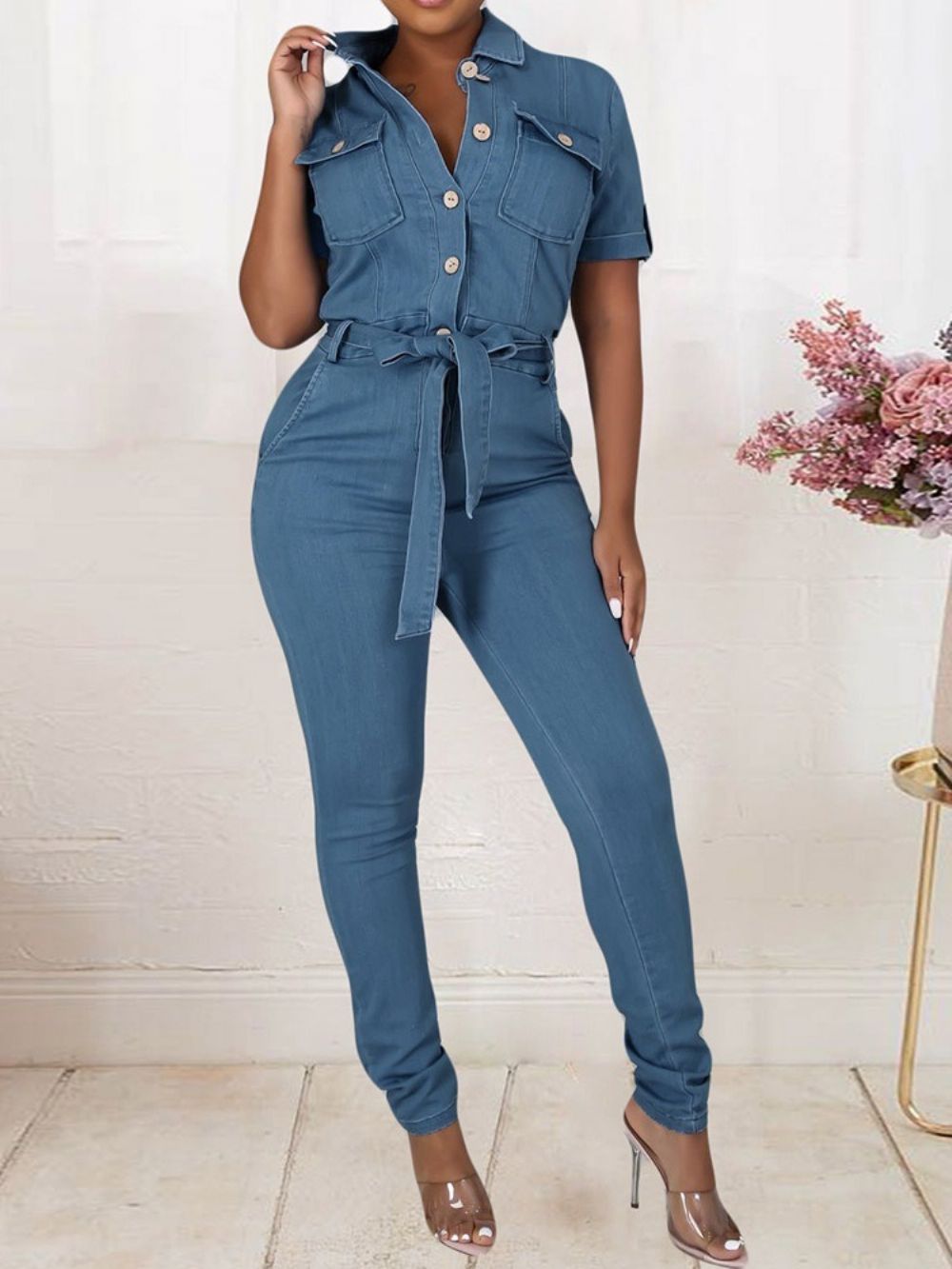 Lange Skinny Jumpsuit Met Zoete Knoop En Halfhoge Taille