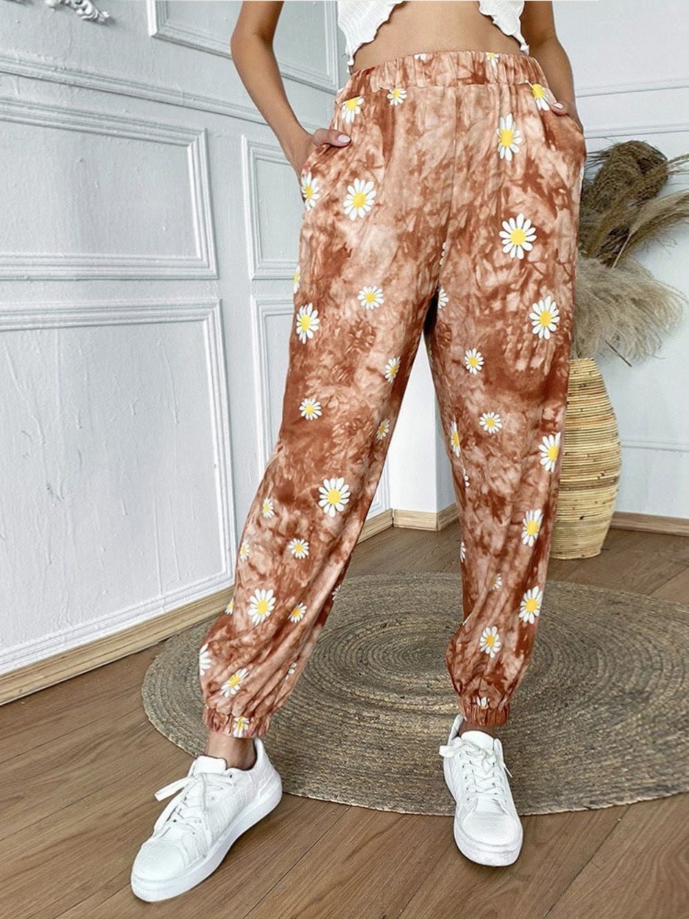 Losse Damesbroek Met Hoge Taille En Bloemenprint