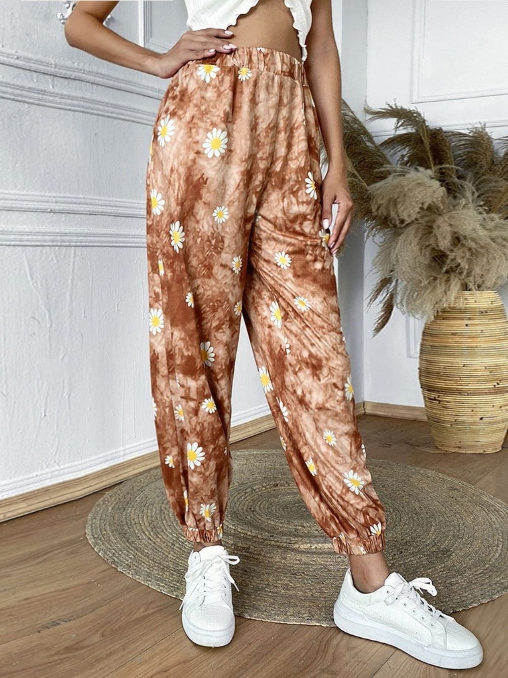 Losse Damesbroek Met Hoge Taille En Bloemenprint