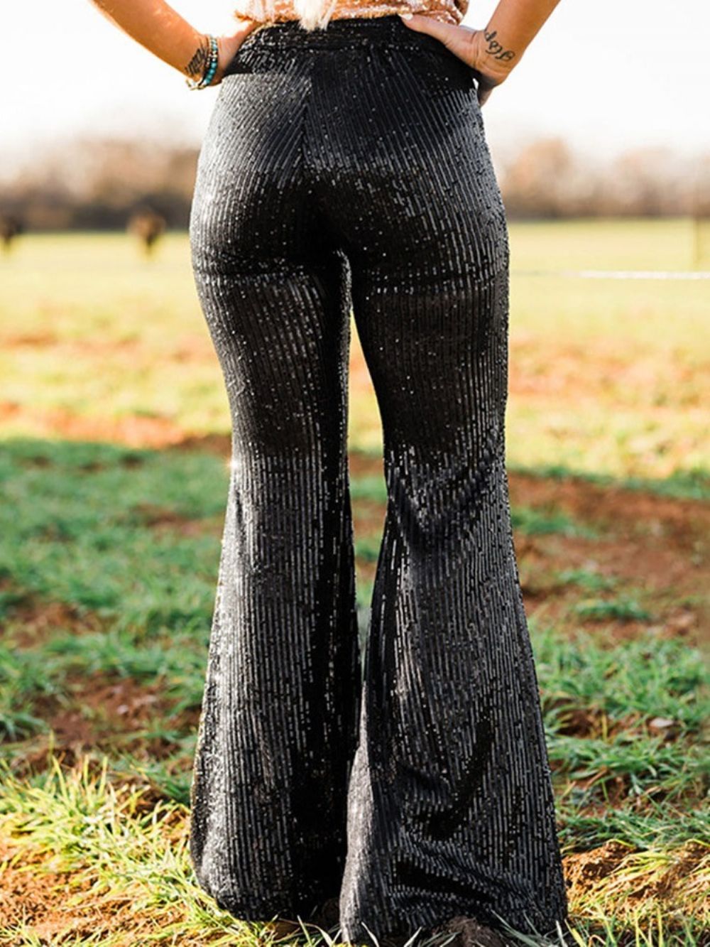 Pailletten Effen Slanke Vrijetijdsbroek Met Hoge Taille En Volledige Lengte