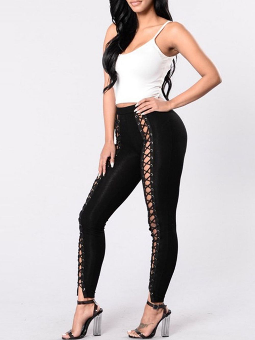 Skinny Effen Potlood Broek Met Veters Hoge Taille Damesbroek