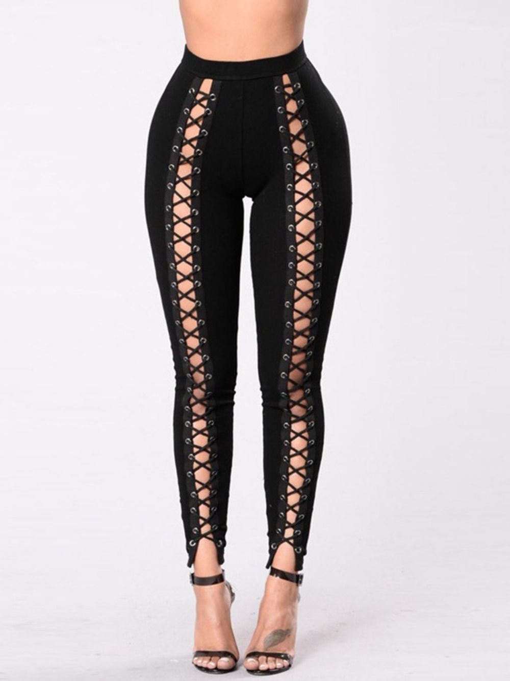 Skinny Effen Potlood Broek Met Veters Hoge Taille Damesbroek