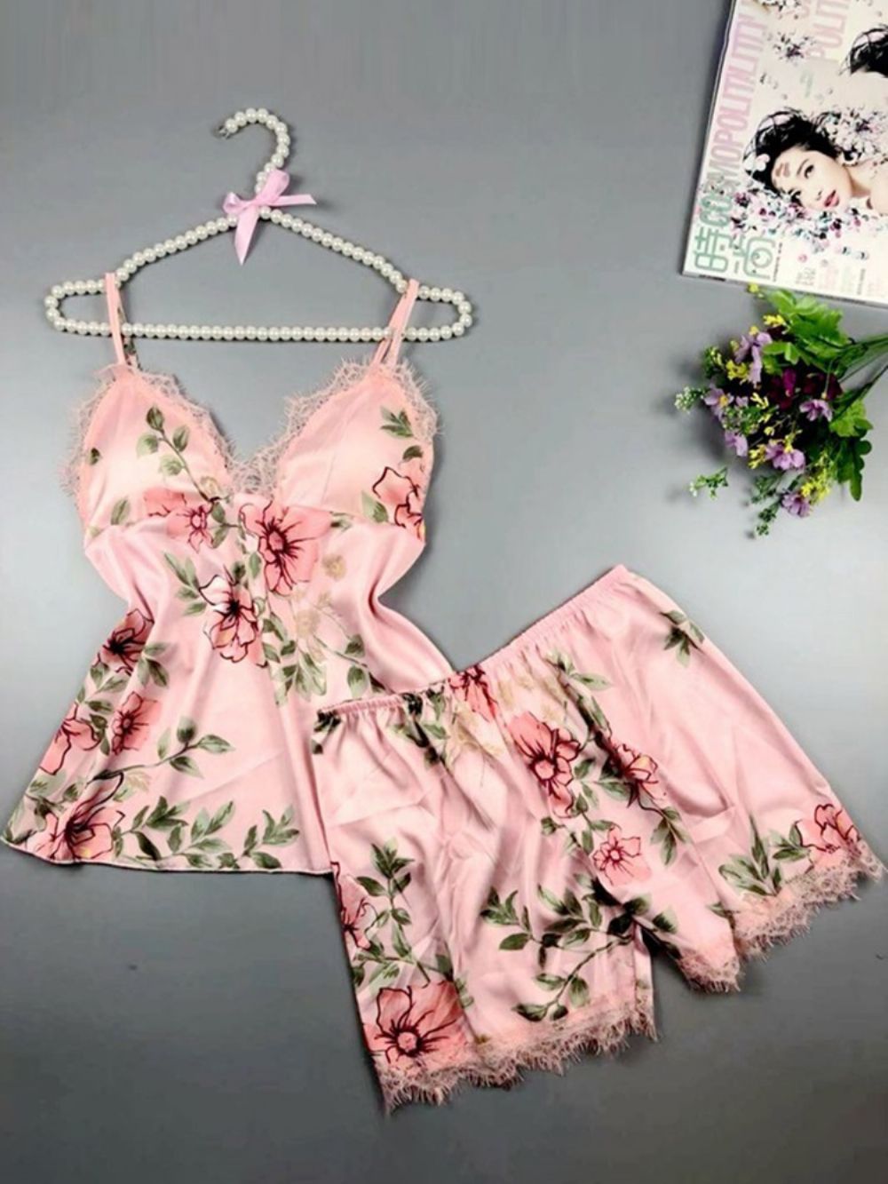 Kanten Bloemen Satijnen Pyjama Hemd Korte Sets Loungewear