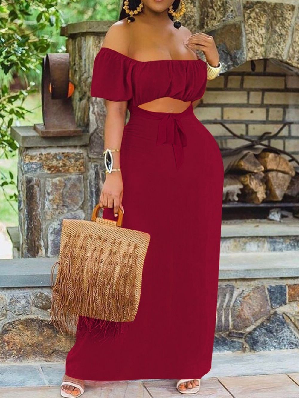 Off-Shoulder Holle Herfstjurk Met Korte Mouwen