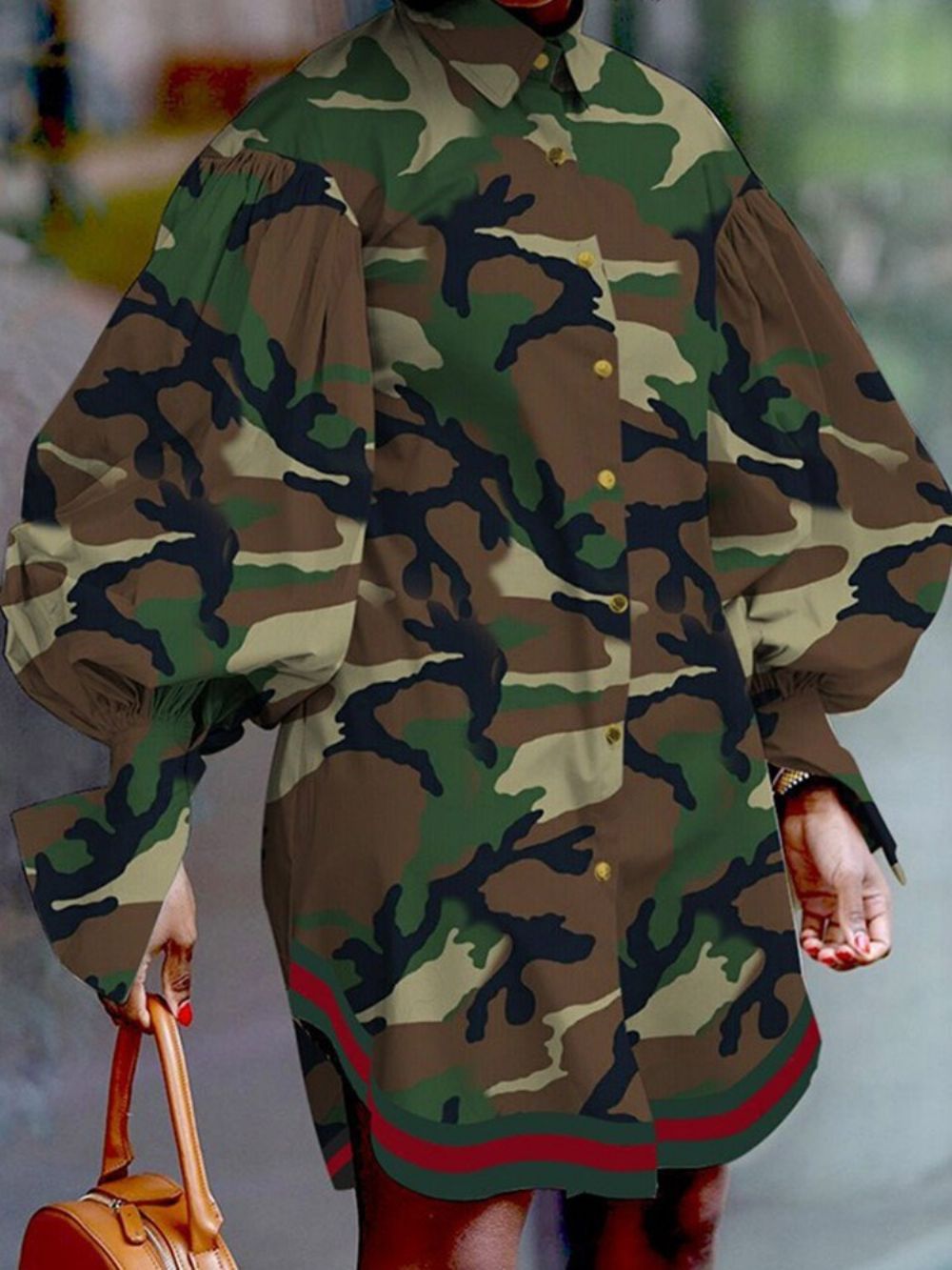 Revers Boven De Knie Lange Mouwen Camouflage Asymmetrische Jurk