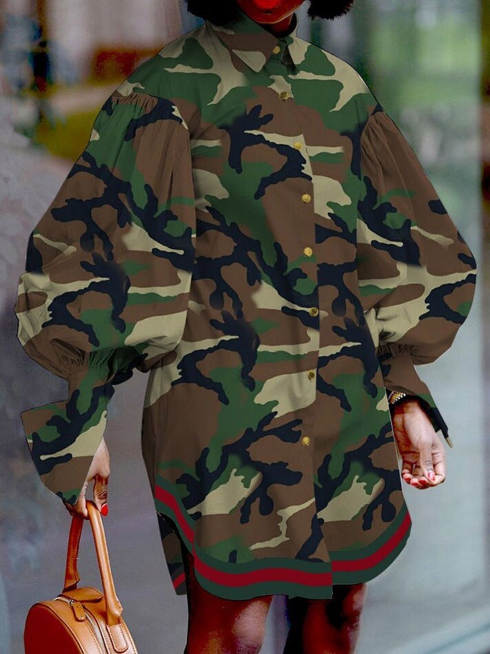 Revers Boven De Knie Lange Mouwen Camouflage Asymmetrische Jurk