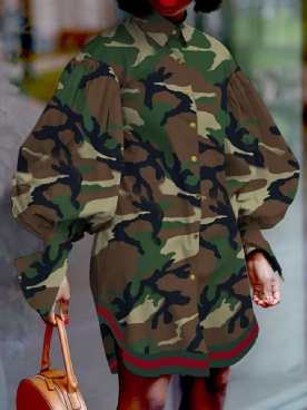 Revers Boven De Knie Lange Mouwen Camouflage Asymmetrische Jurk