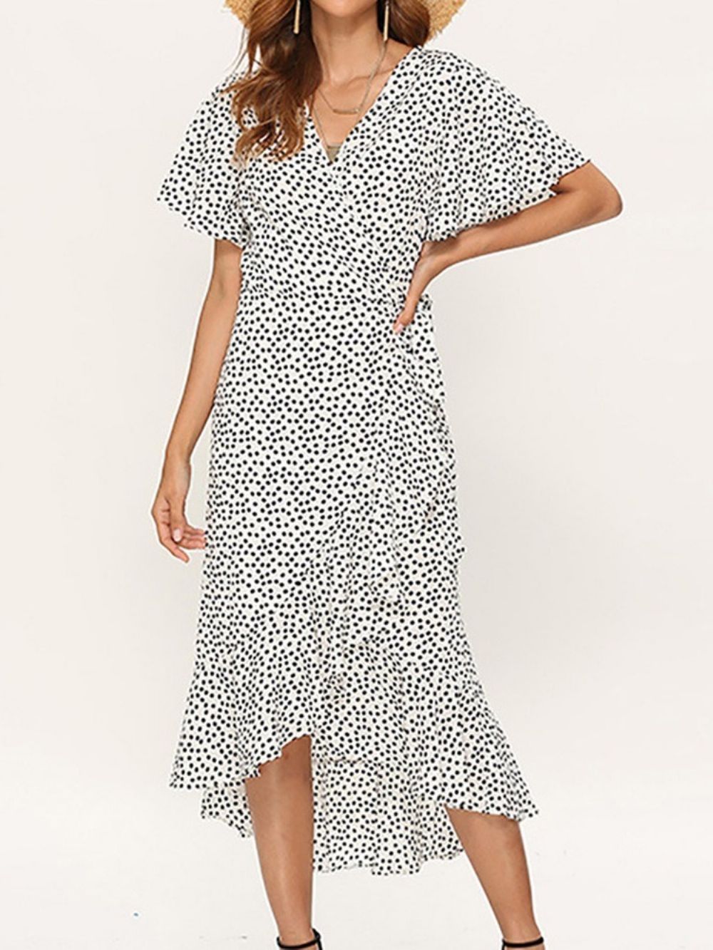 Sundress Enkellange Asymmetrische Pullover Polka Dots-Jurk Met Korte Mouwen Dames