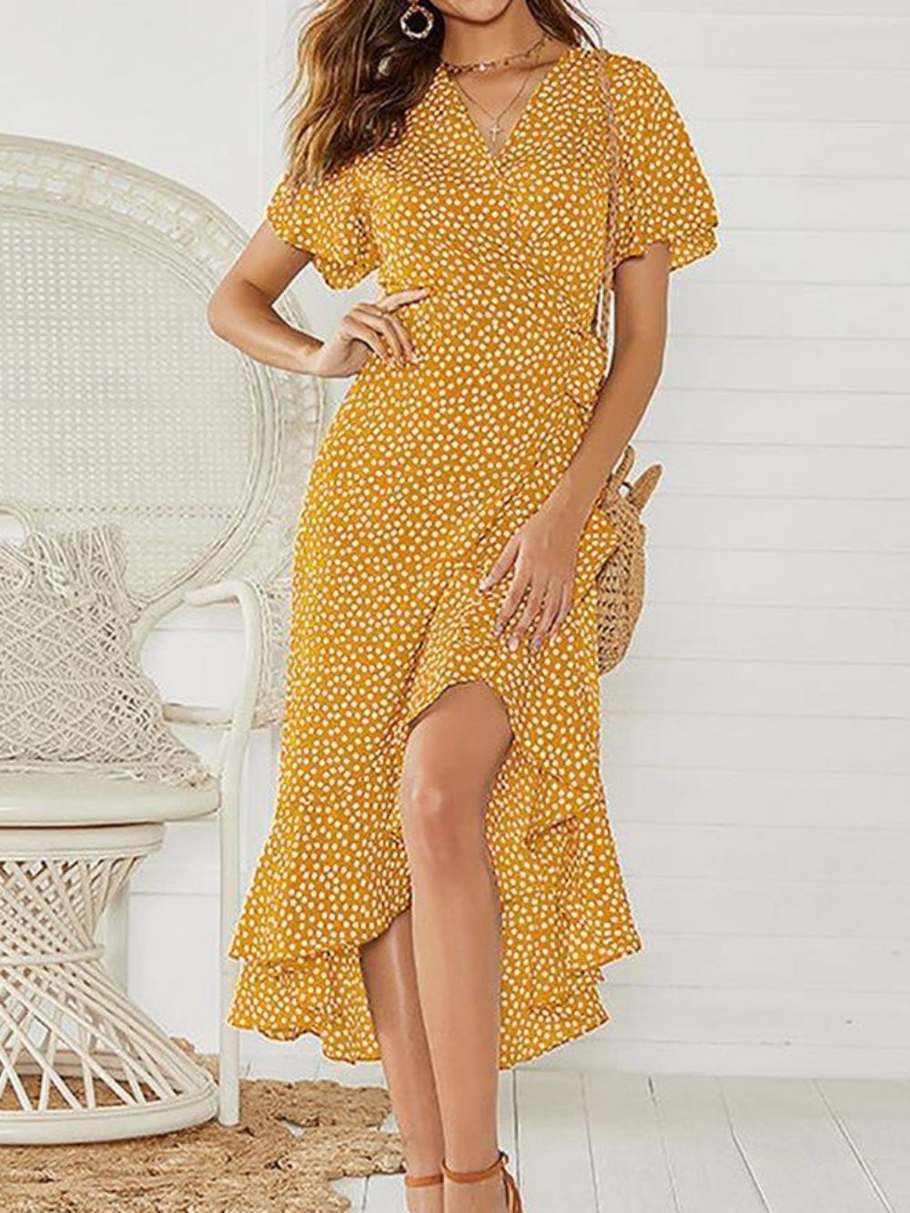 Sundress Enkellange Asymmetrische Pullover Polka Dots-Jurk Met Korte Mouwen Dames