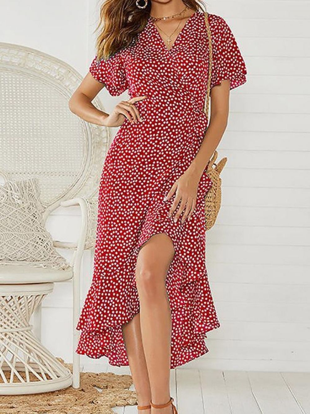 Sundress Enkellange Asymmetrische Pullover Polka Dots-Jurk Met Korte Mouwen Dames