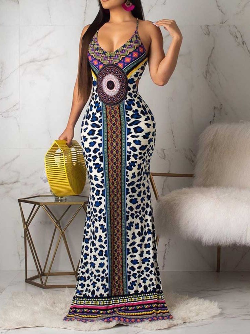 Afrikaanse Mode Vloer-Lengte Mouwloze Bodycon Geometrische Jurk