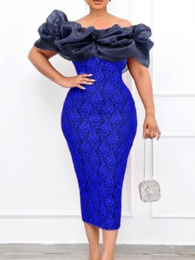 Bodycon-Jurk Met Korte Mouwen Off-Shoulder Bodycon En Kleurblokken