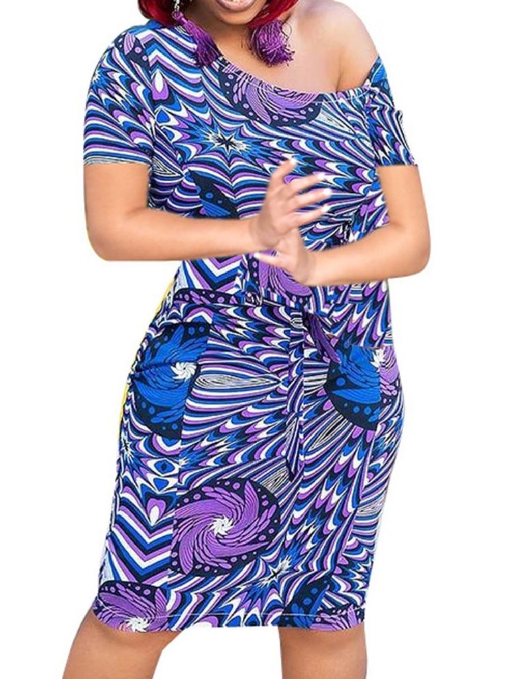 Bodycon-Jurk Met Korte Mouwen En Patchwork Tot Halverwege De Taille