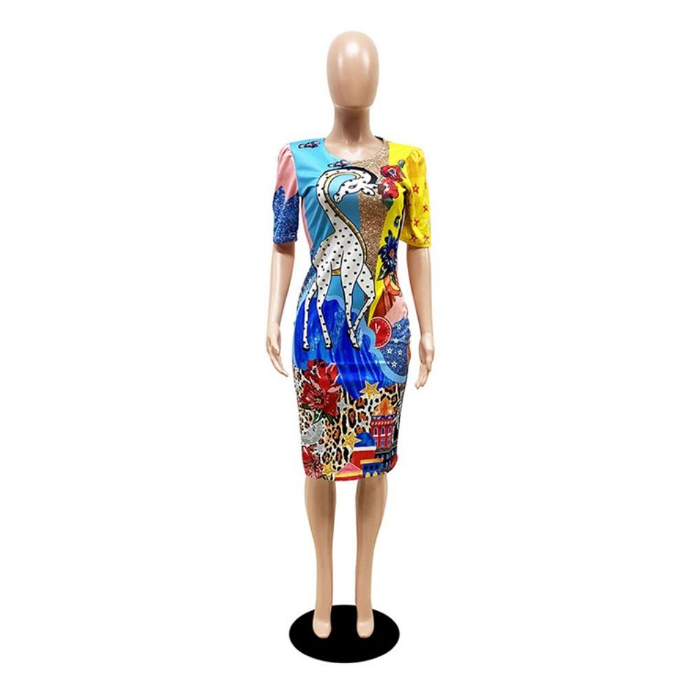 Bodycon-Jurk Met Ronde Hals En Korte Mouwen En Print Met Halfhoge Taille