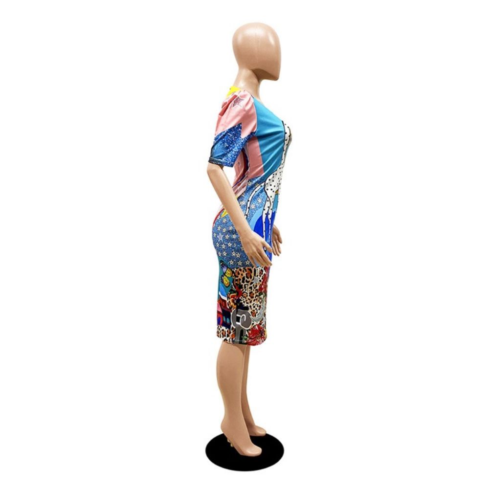 Bodycon-Jurk Met Ronde Hals En Korte Mouwen En Print Met Halfhoge Taille