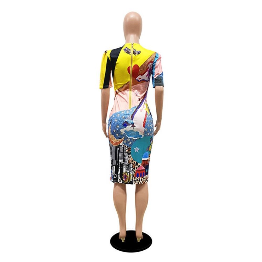 Bodycon-Jurk Met Ronde Hals En Korte Mouwen En Print Met Halfhoge Taille