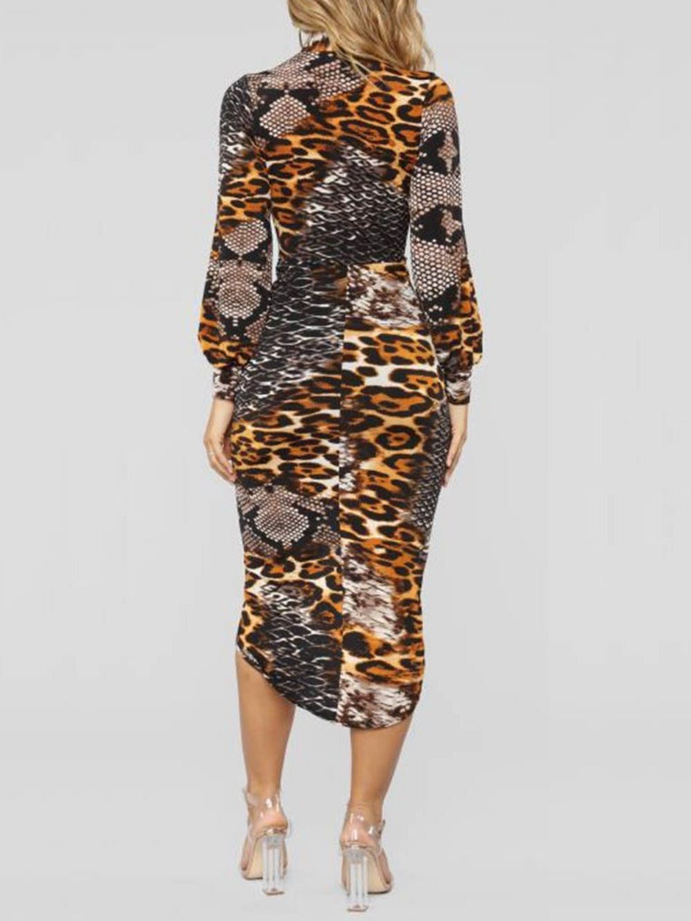 Bodycon Luipaardjurk Met Lange Mouwen En Print Met V-Hals