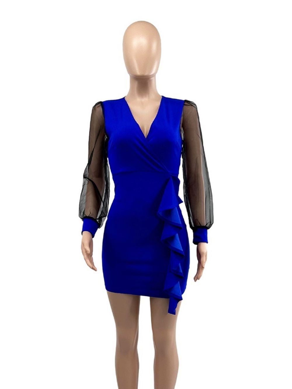 Boven De Knie Mesh Bodycon-Jurk Met Lange Mouwen Hoge Taille En Pofmouwen