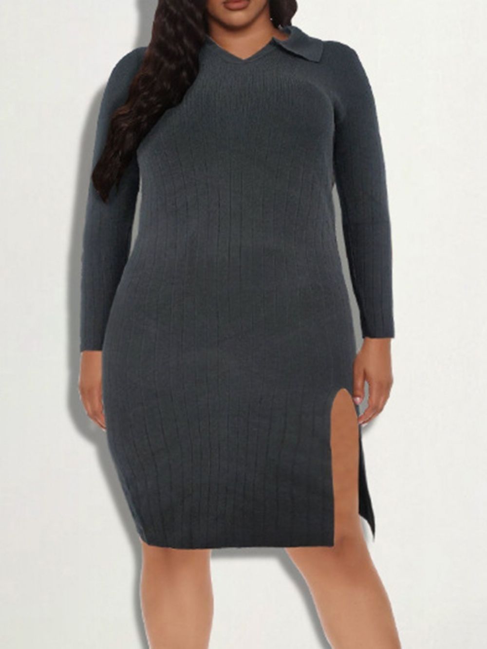 Gespleten Knielange Bodycon-Jurk Met Lange Mouwen En Effen Pullover