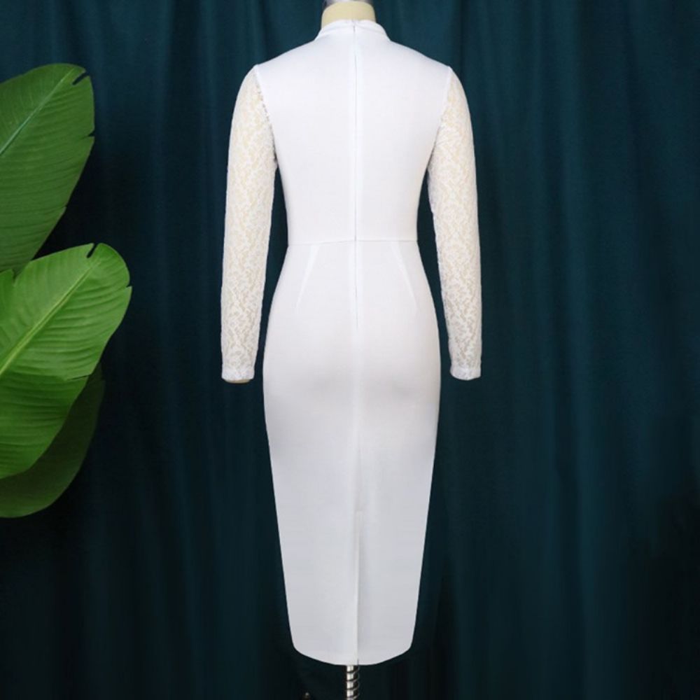 Grote Maten Mid-Kalf Kanten Bodycon-Jurk Met Lange Mouwen Normale Hoge Taille