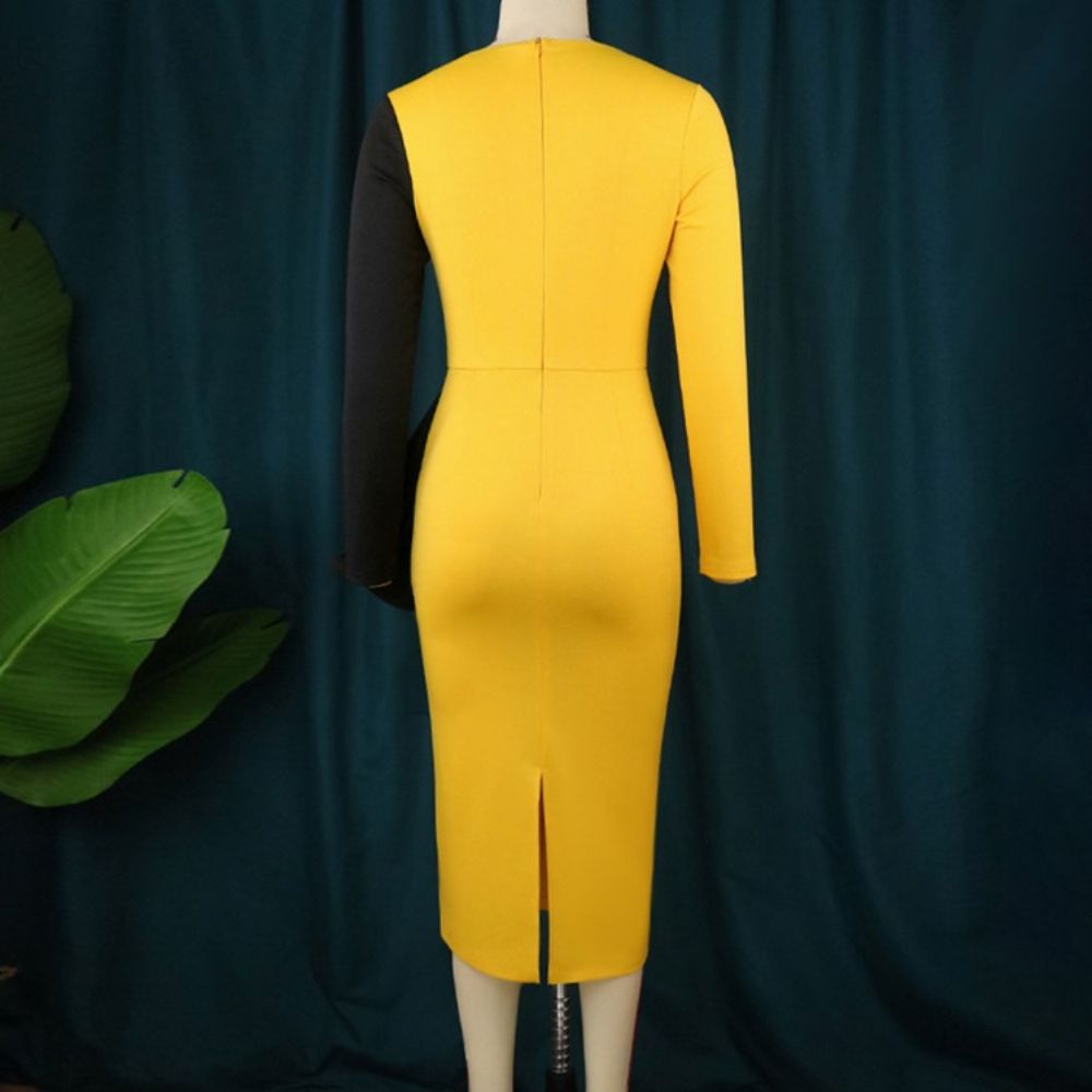 Grote Maten Mid-Kuit Falbala Bodycon-Jurk Met Lange Mouwen Normale Herfst