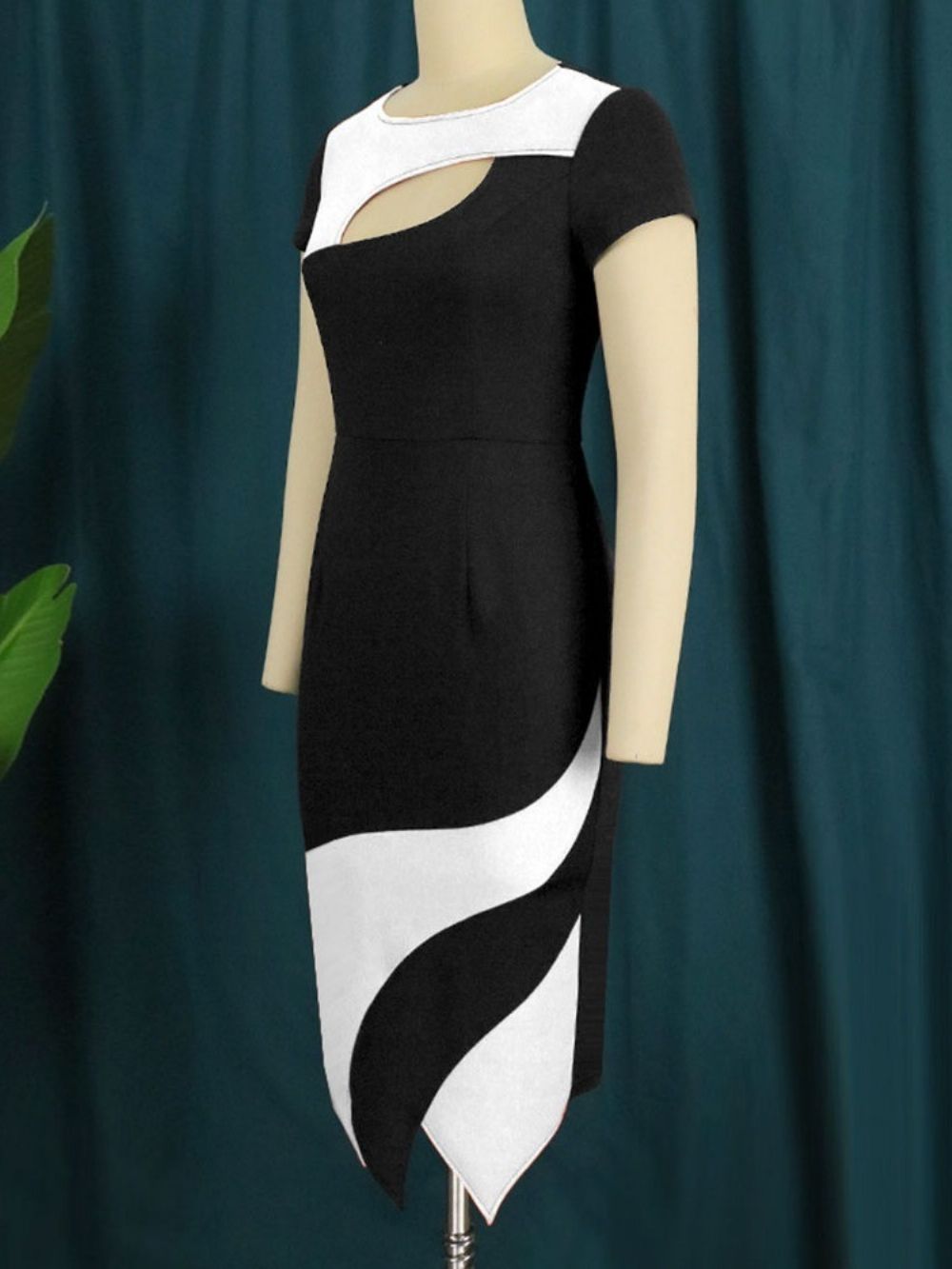 Halfhoge Bodycon-Jurk Met Korte Mouwen En Patchwork Normale Hoge Taille