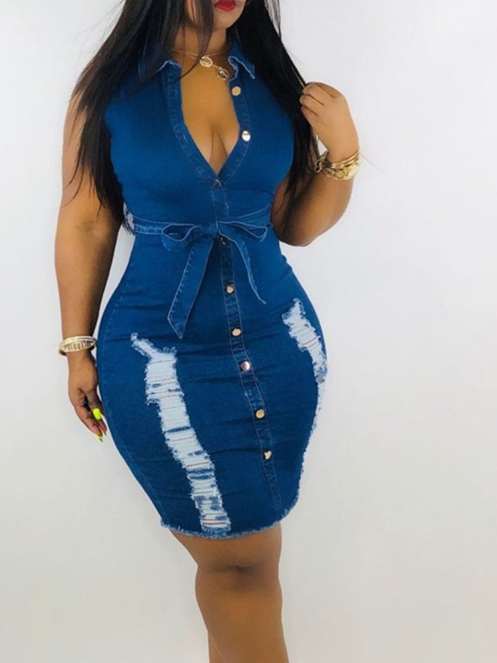 Hole Mouwloze Revers Bodycon-Jurk Met Hoge Taille