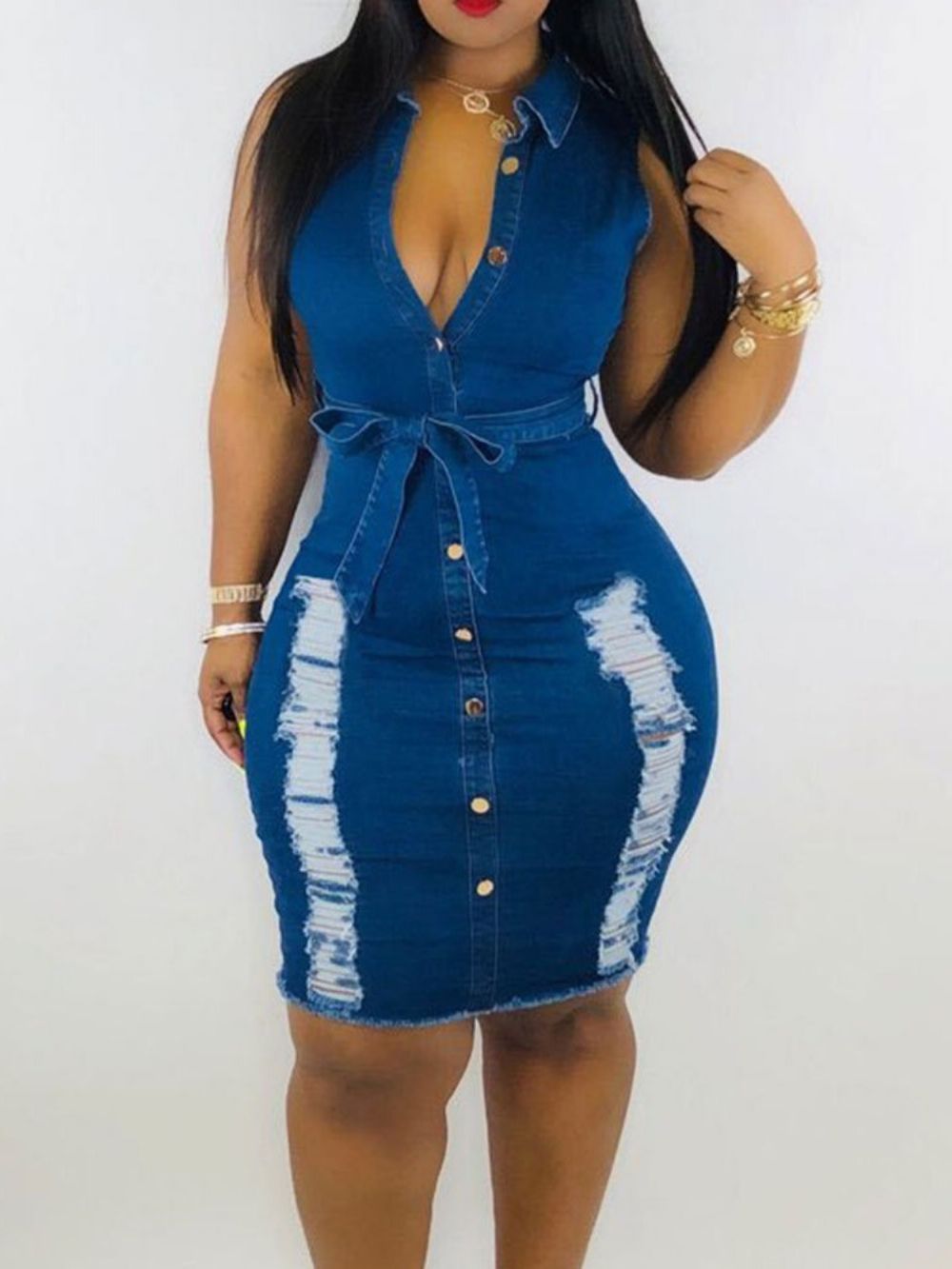 Hole Mouwloze Revers Bodycon-Jurk Met Hoge Taille