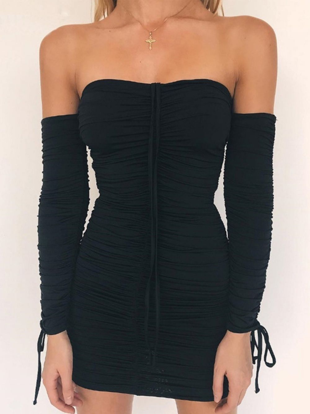 Little Black Dress Geplooide Negen Punten Mouw Boven De Knie Effen Pullover Jurk