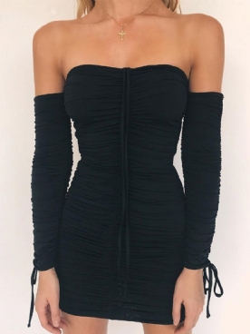 Little Black Dress Geplooide Negen Punten Mouw Boven De Knie Effen Pullover Jurk