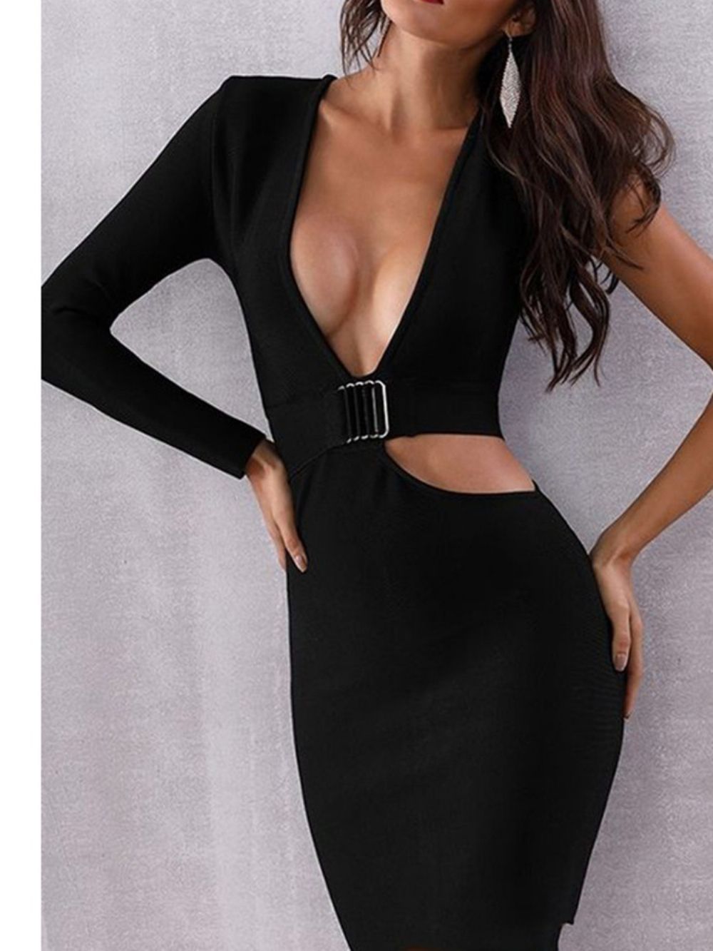 Little Black Dress Lange Mouw Hollow V-Hals Bodycon Sexy Jurk