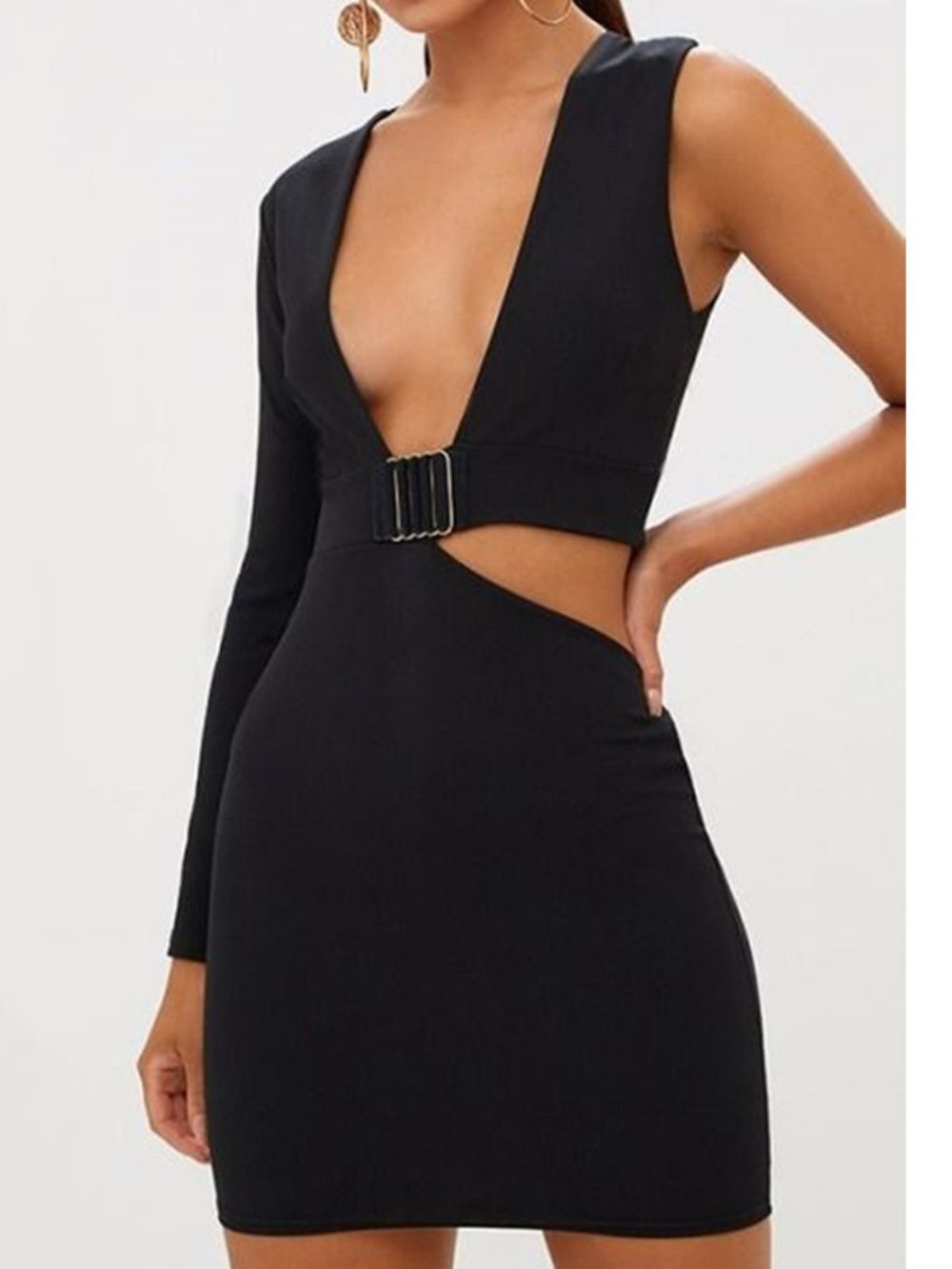 Little Black Dress Lange Mouw Hollow V-Hals Bodycon Sexy Jurk