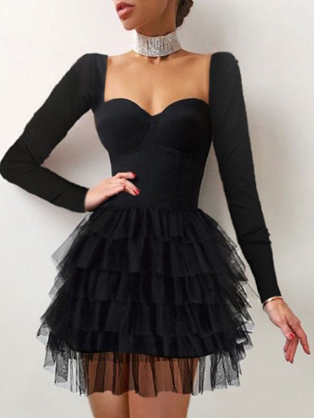 Little Black Dress Mode-Pulloverjurk Met Lange Mouwen Boven De Knie