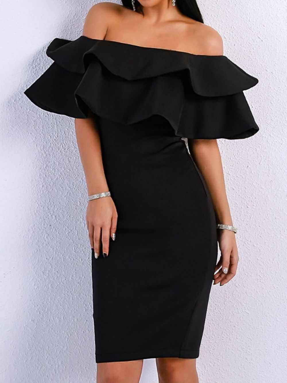 Little Black Dress Off Shoulder Bodycon Zwart Wit Jurkje Bruiloftsgast Jurk