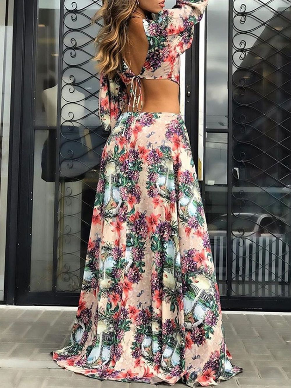 Maxi-Jurk Met V-Hals Veters Driekwart Mouwen Reislook Bloemen