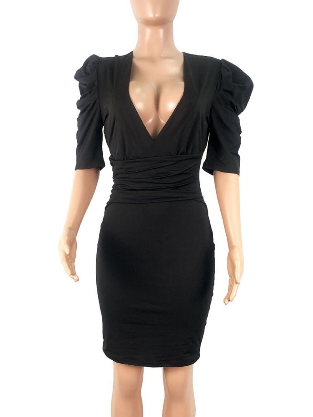 Mode Bodycon-Jurk Met Halflange Mouwen En Geplooide V-Hals