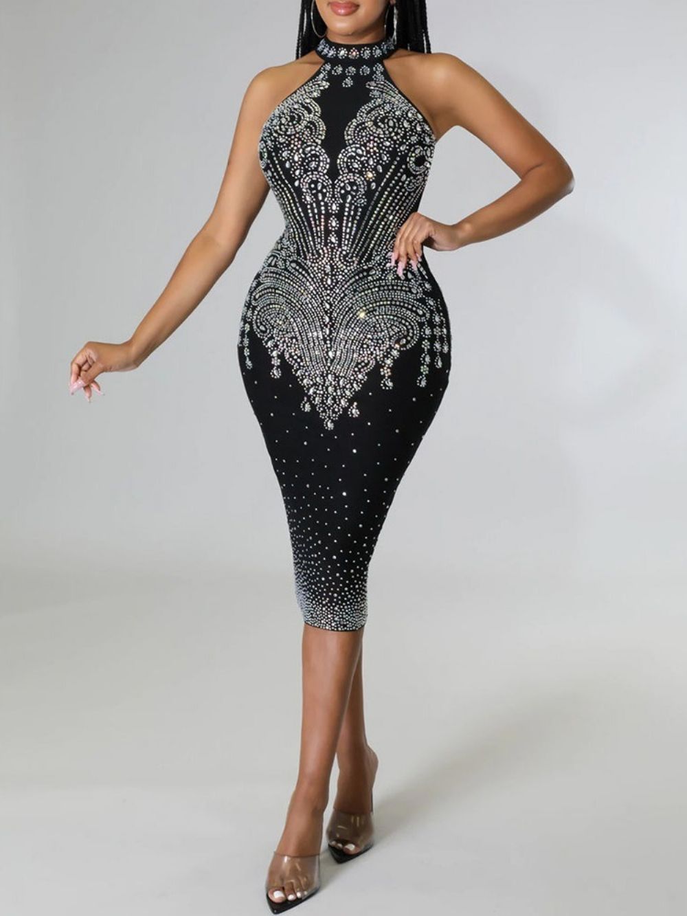 Mouwloze Bodycon-Jurk Met Opstaande Kraag En Strass Halfhoge Taille