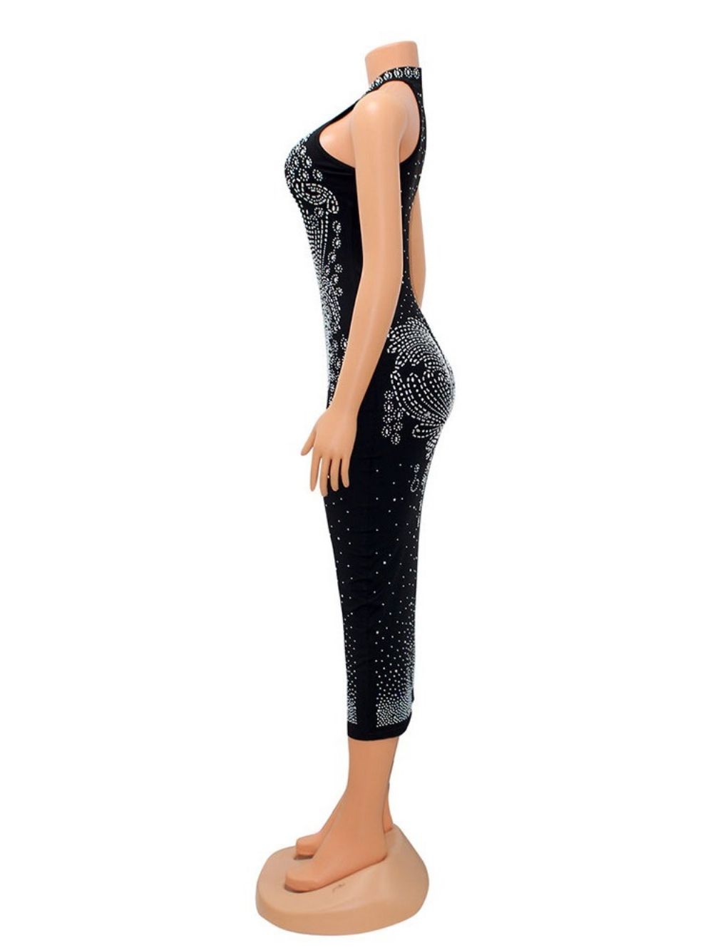 Mouwloze Bodycon-Jurk Met Opstaande Kraag En Strass Halfhoge Taille