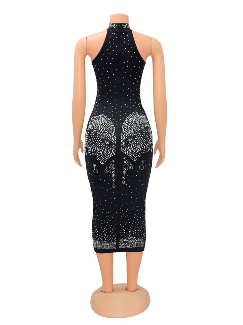 Mouwloze Bodycon-Jurk Met Opstaande Kraag En Strass Halfhoge Taille