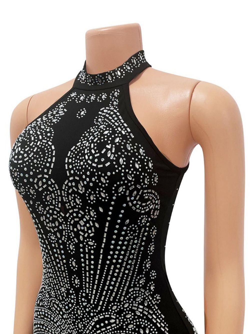 Mouwloze Bodycon-Jurk Met Opstaande Kraag En Strass Halfhoge Taille