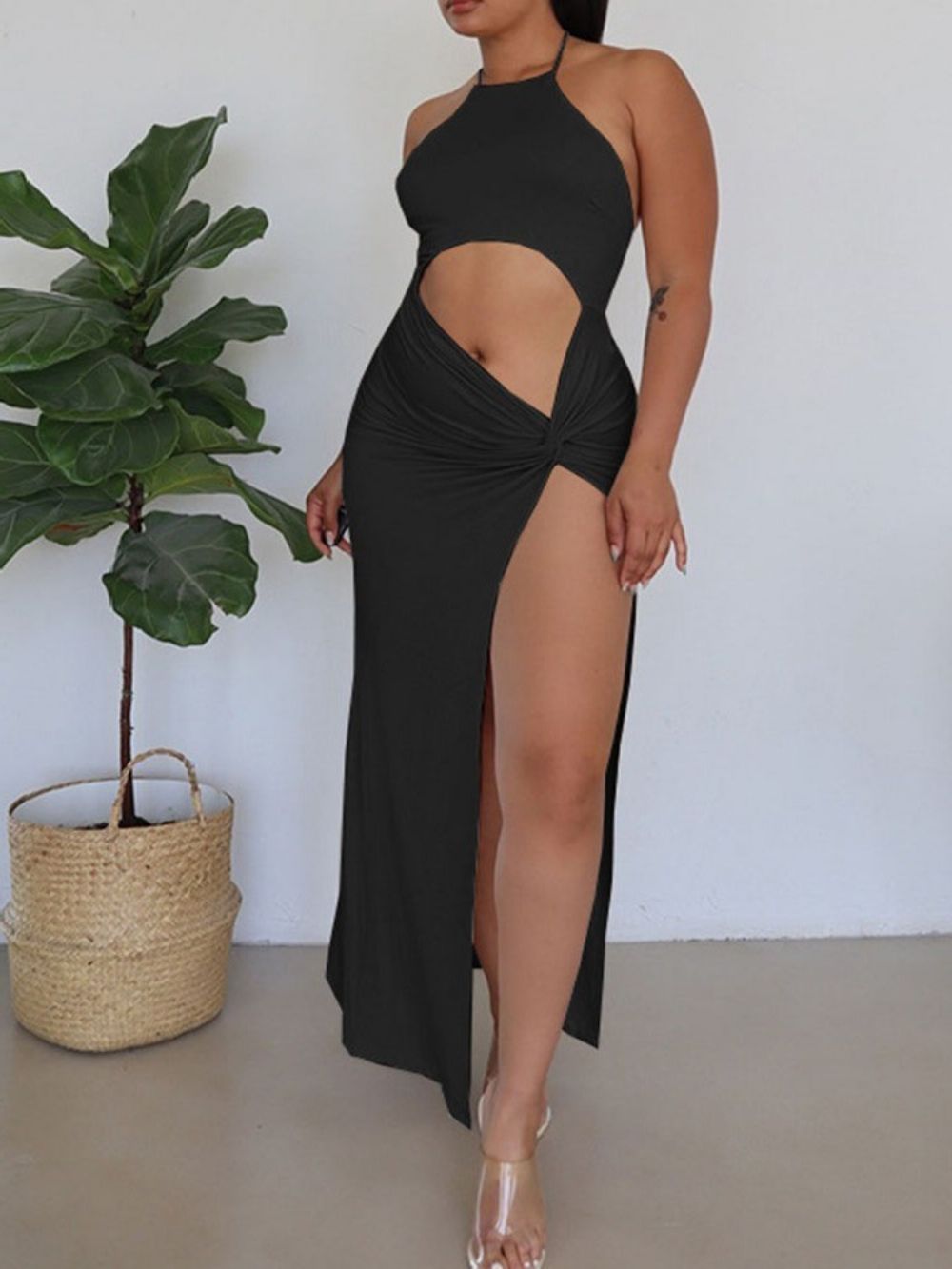 Mouwloze Holle Enkellange Effen Sexy Bodycon-Jurk