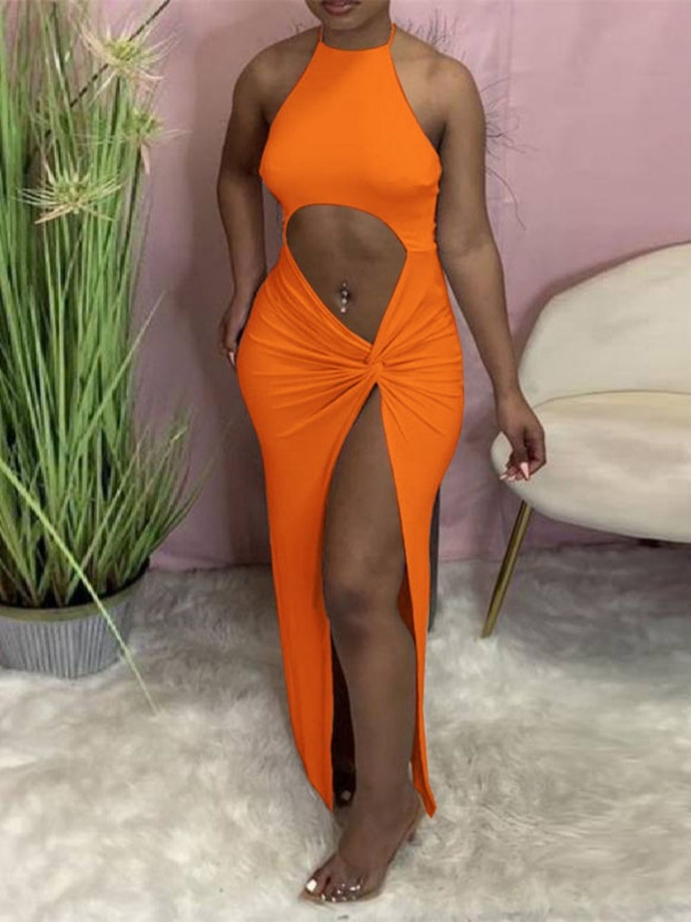 Mouwloze Holle Enkellange Effen Sexy Bodycon-Jurk