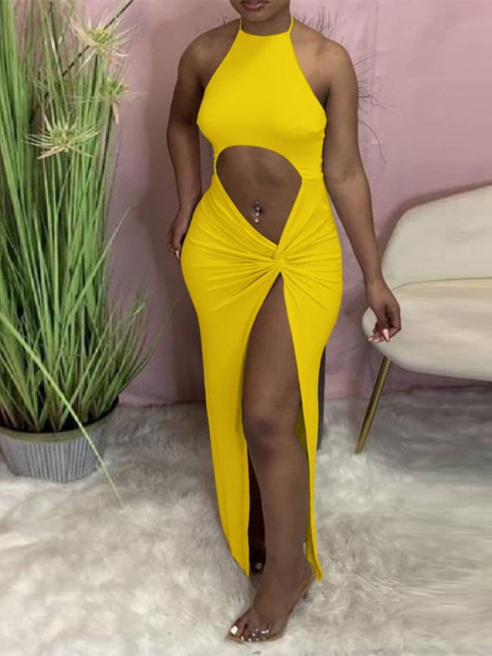 Mouwloze Holle Enkellange Effen Sexy Bodycon-Jurk