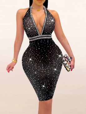 Mouwloze V-Hals Strass Sexy Bodycon Jurk Met Hoge Taille