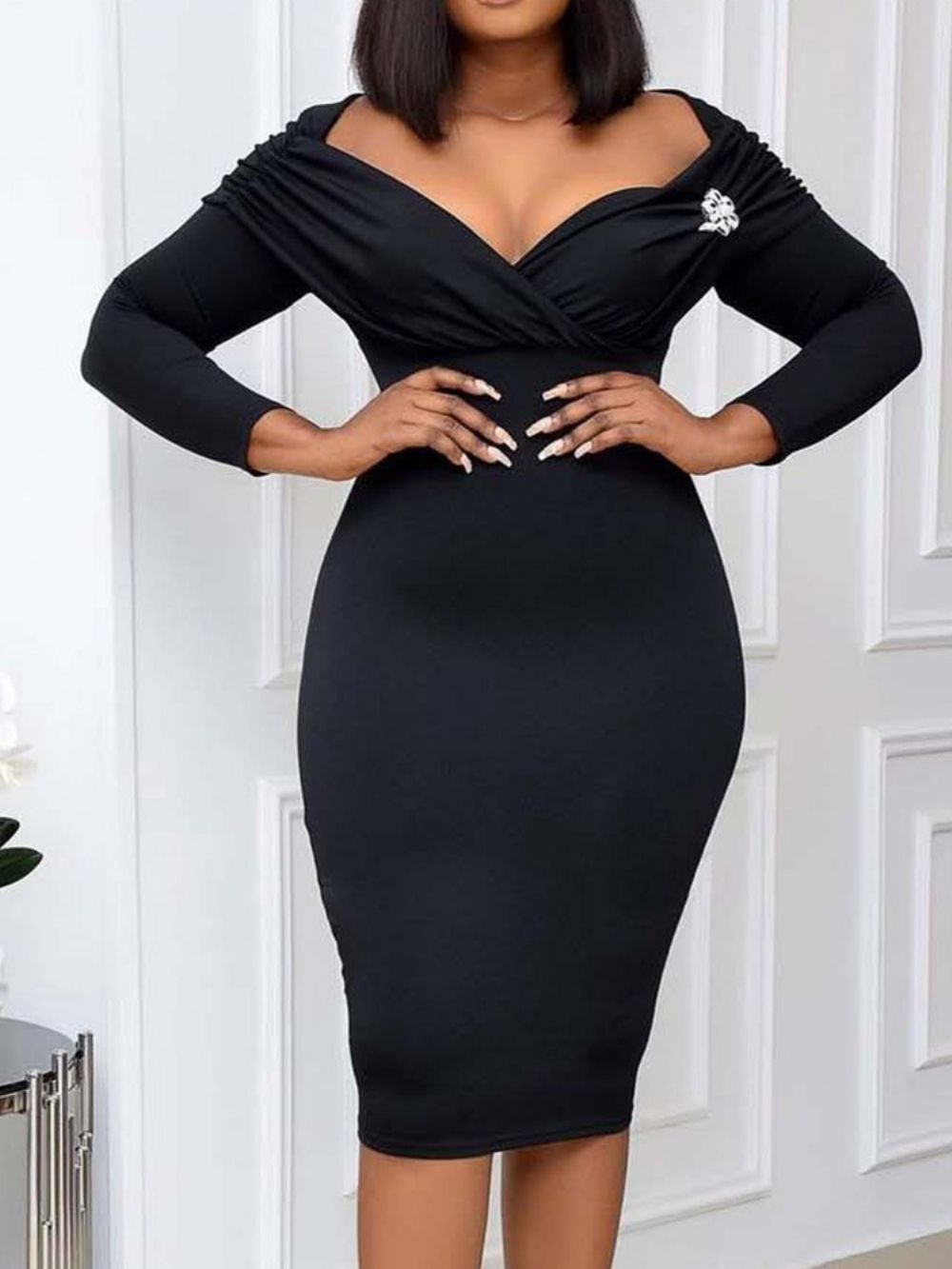 Negen Punten Mouw Halfhoge Bodycon Jurk Met Hoge Taille