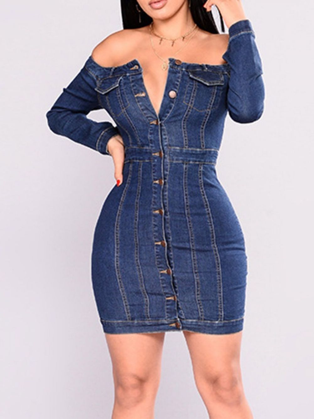 Off-Shoulder Lange Mouw Knoop Normale Effen Bodycon Jurk Plus Maat