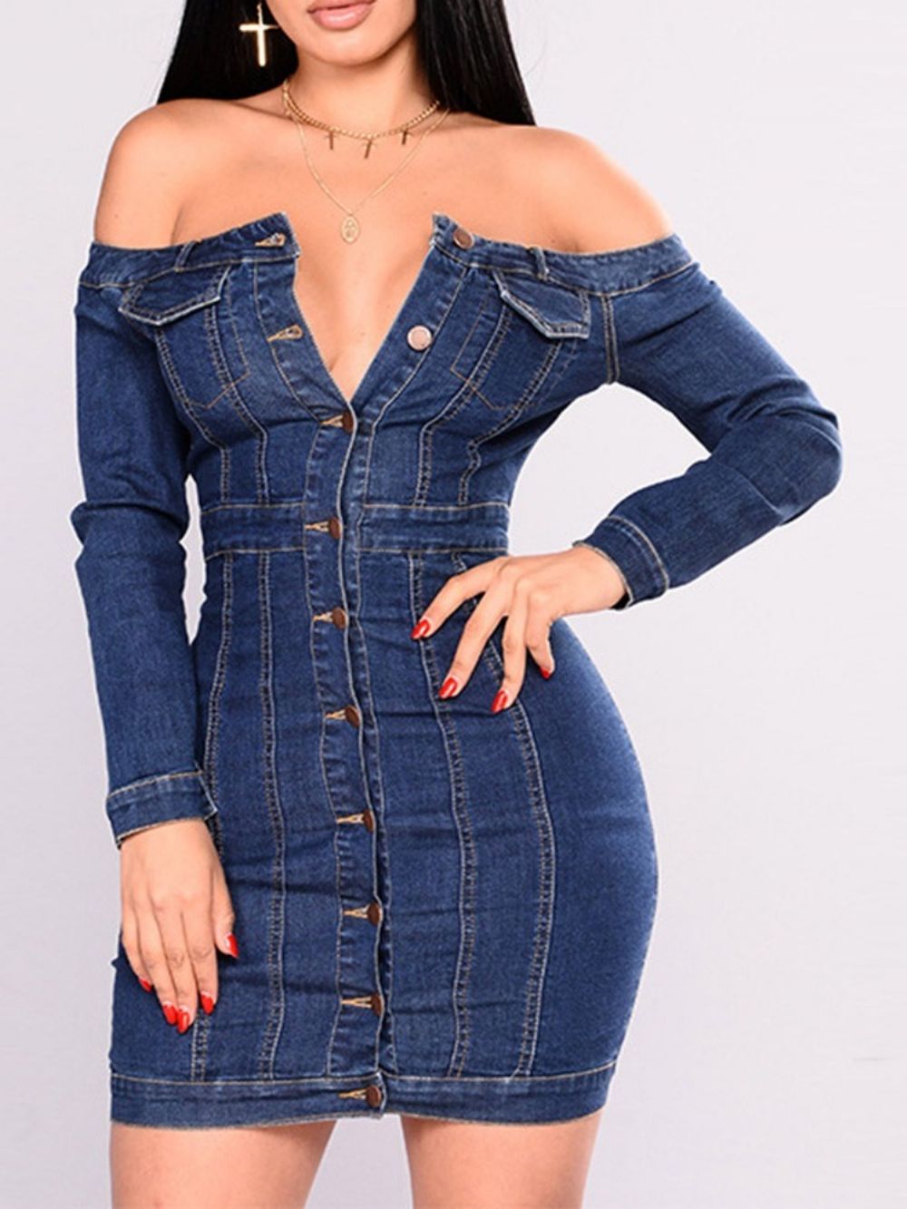 Off-Shoulder Lange Mouw Knoop Normale Effen Bodycon Jurk Plus Maat